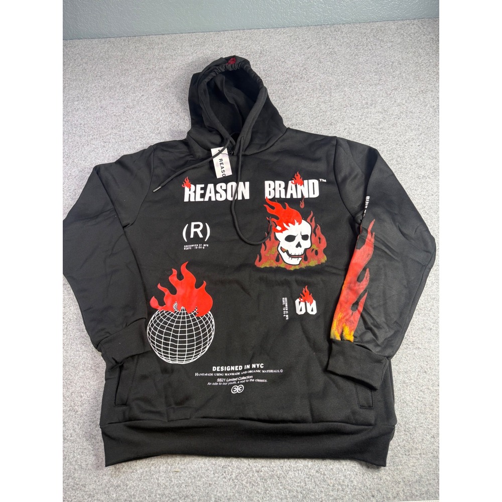Reason Brand Mens Black SS21 Limited Collection Flaming Skull Hoodie Large